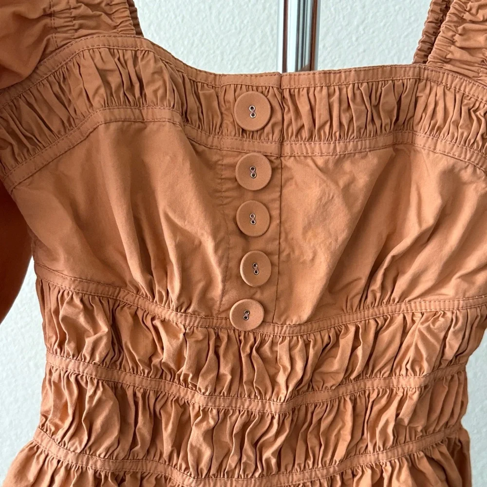 Magali Pascal Dress Smocked Orange Long Sleeve Mini Dress Puff Shoulders Size S - Picture 5 of 7